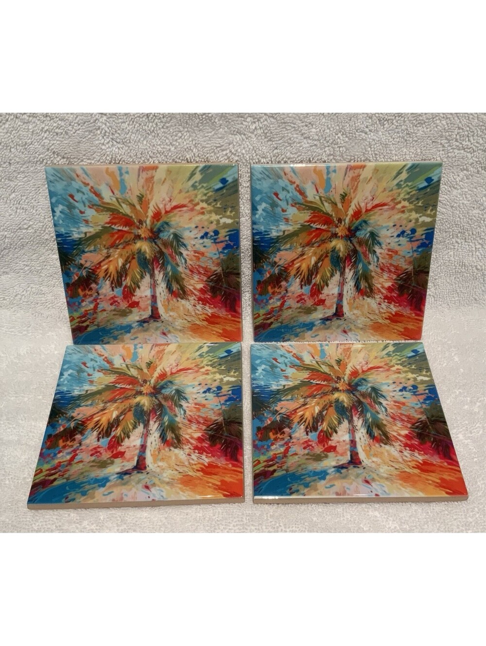 Abstract Colorful Palm Tree Cork Back Ceramic 4.25” x 4.25” Coasters - Set of 4